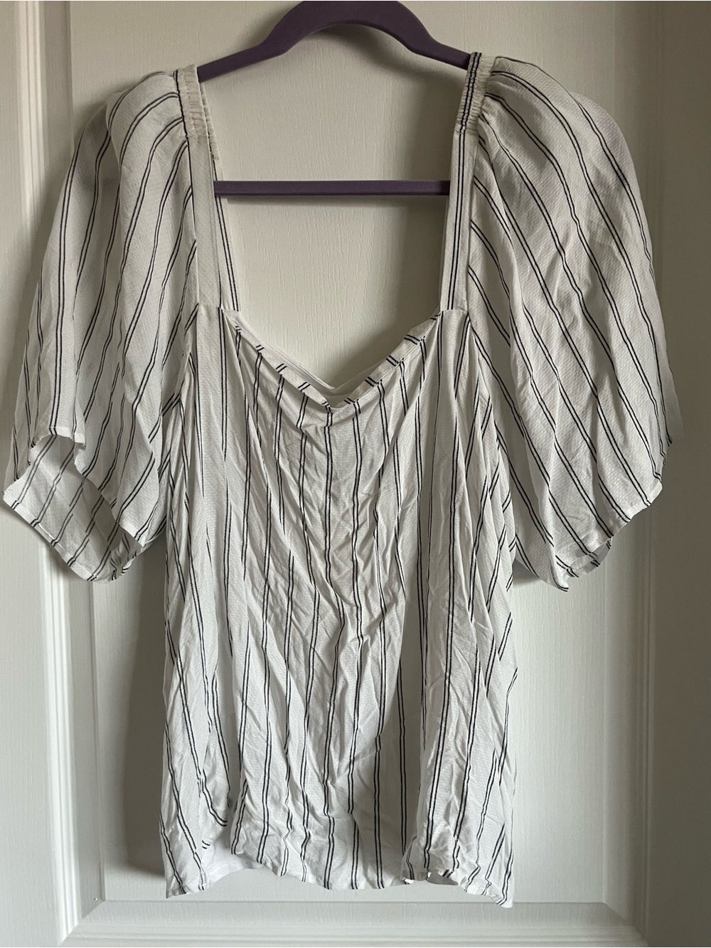 a new day White Puff Sleeve Top with Black Stripes 🪻